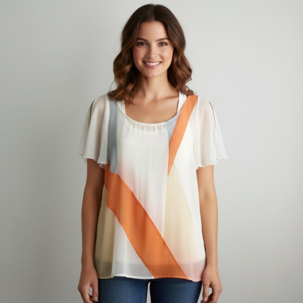 NWT BCBGeneration Colorblock Blouse S Split Sleeve Tie Accent Orange White Gray